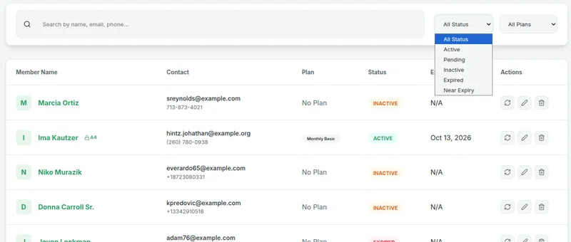Member directory showing active, expired, and pending member statuses